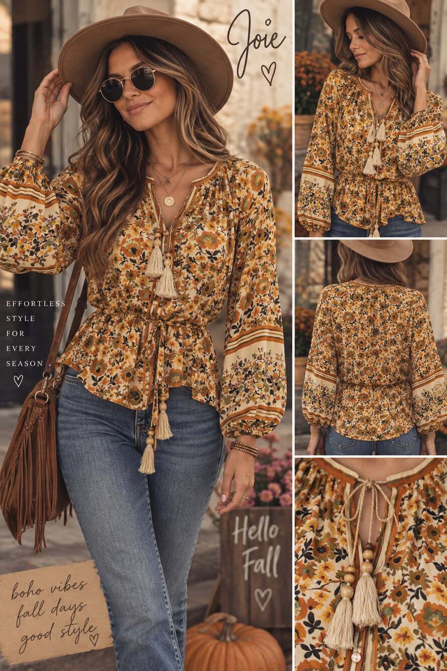 Joie Floral Boho Tassel Tie Blouse Long Sleeve Size Small NWT